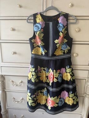 Black Floral Cross Stitch pattern Fit-and-Flare Dress with Multicolor Roses EUC!
